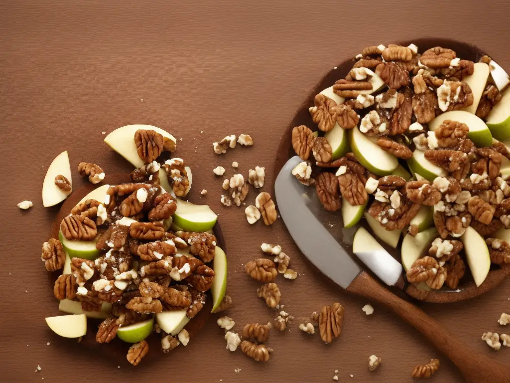 An image with apples, cinnamon sticks, and walnuts arranged in a wooden board with a fork and a knife beside it.