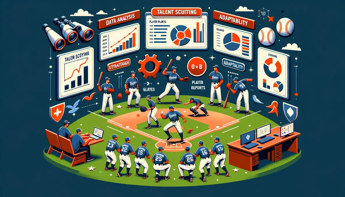 Image depicting the strategic gameplay of the Astros baseball team, showing their data analysis, talent scouting, gameplay adaptability, and team chemistry