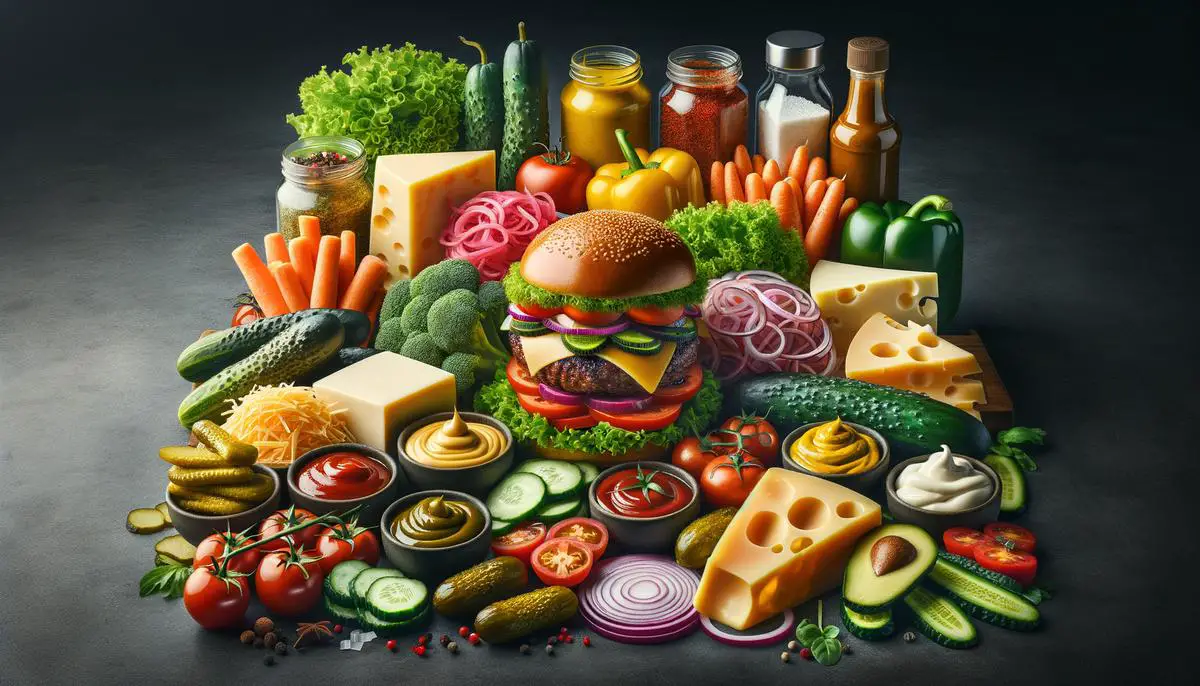 A variety of gourmet burger toppings including pickled vegetables, artisan cheeses, fruits, and specialty condiments