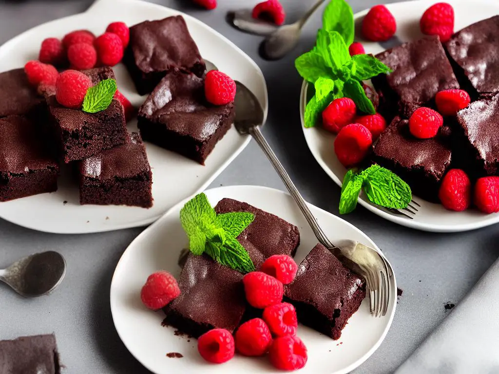 A picture of a plate of chocolate brownies with a drizzle of chocolate syrup on top, surrounded by fresh raspberries and mint leaves.