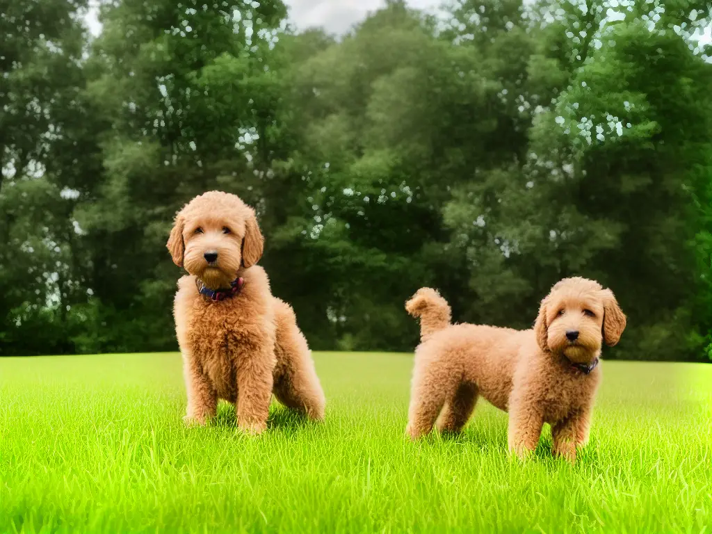 A Goldendoodle puppy sitting in a green field with a ball in front of them