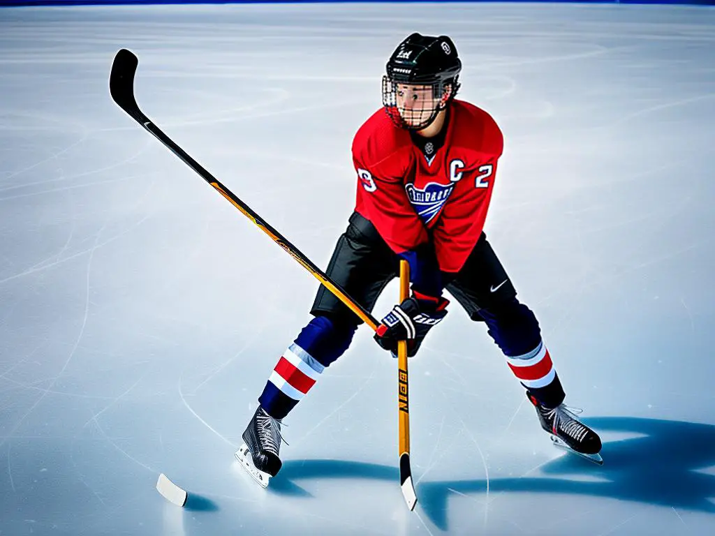 Image depicting a player in ice hockey holding a hockey stick with a puck on the ice rink