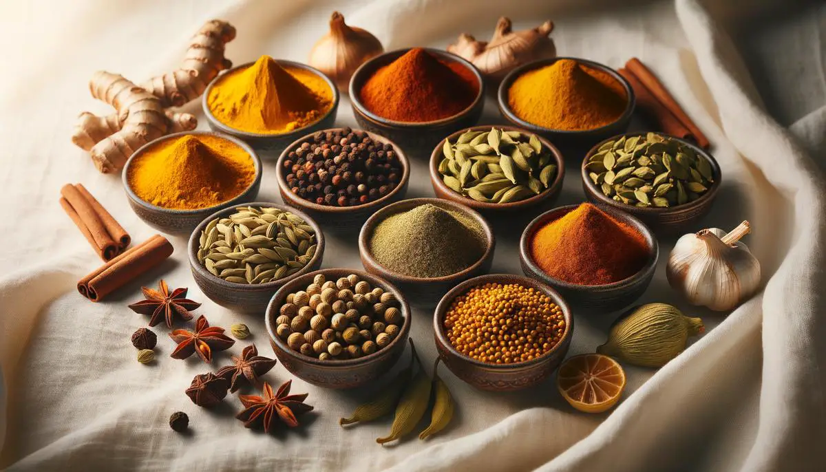 Various spices commonly used in Indian cuisine, such as turmeric, cumin, cardamom, garam masala, and coriander.