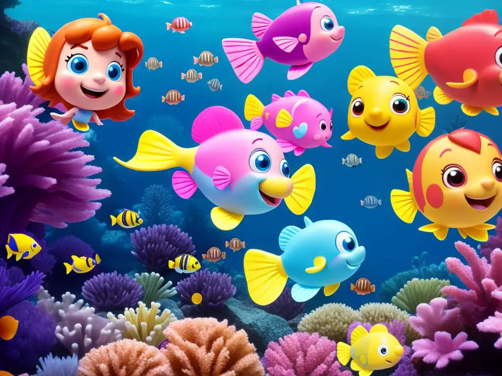 An image of Molly, a pink-haired guppy from Bubble Guppies, swimming in an underwater setting surrounded by other colorful characters.