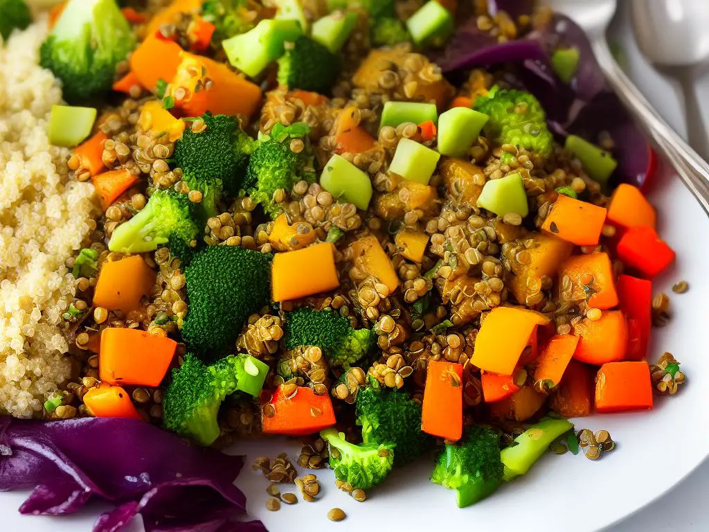 A vegan plate with quinoa, lentils, and various colorful vegetables