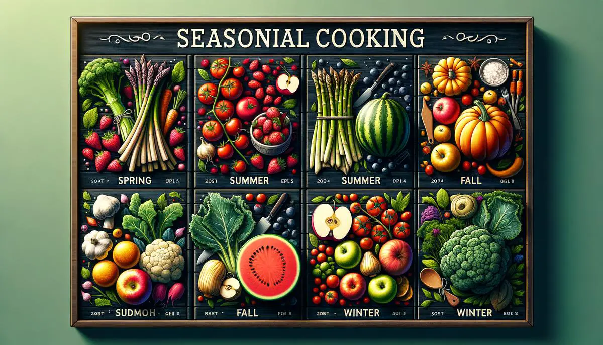 A visual representation of the article about cooking seasonally, with various fruits and vegetables depicting different seasons.