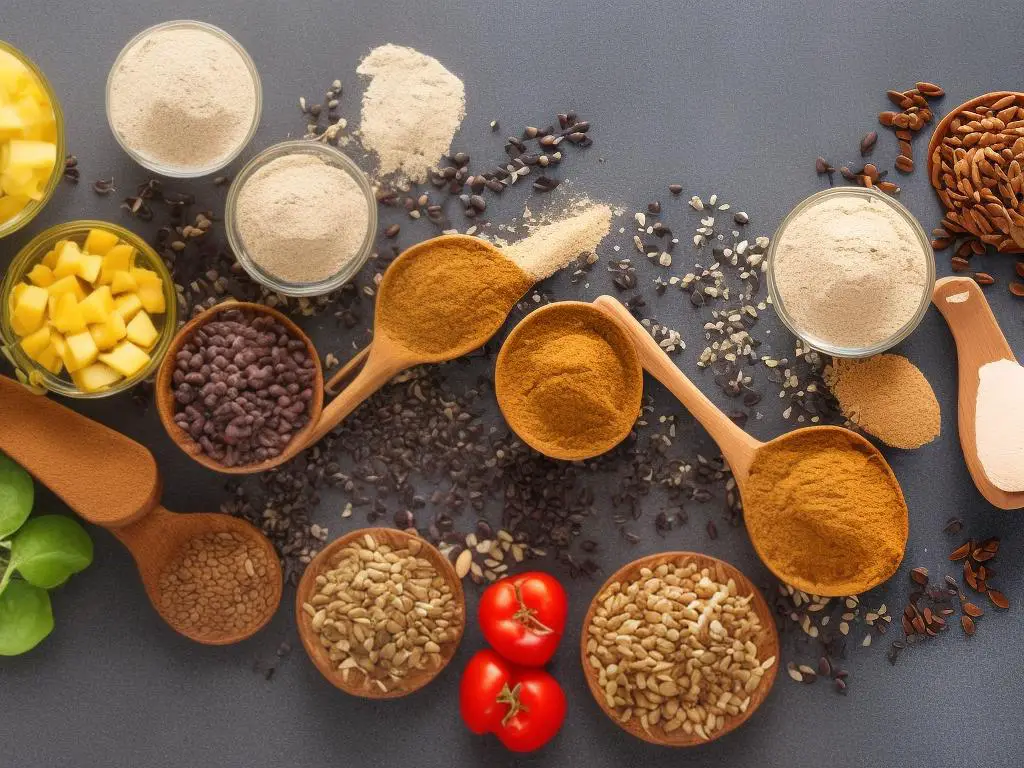 Vegan protein powder on a wooden spoon, surrounded by different types of fruits and seeds, representing the variety of options when incorporating vegan protein powders into your diet.