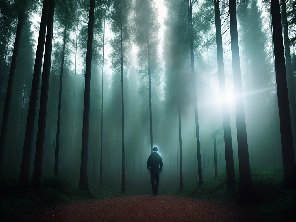 A digital illustration of a person being levitated by a beam of light towards a hovering spacecraft in a dark and eerie forest setting.