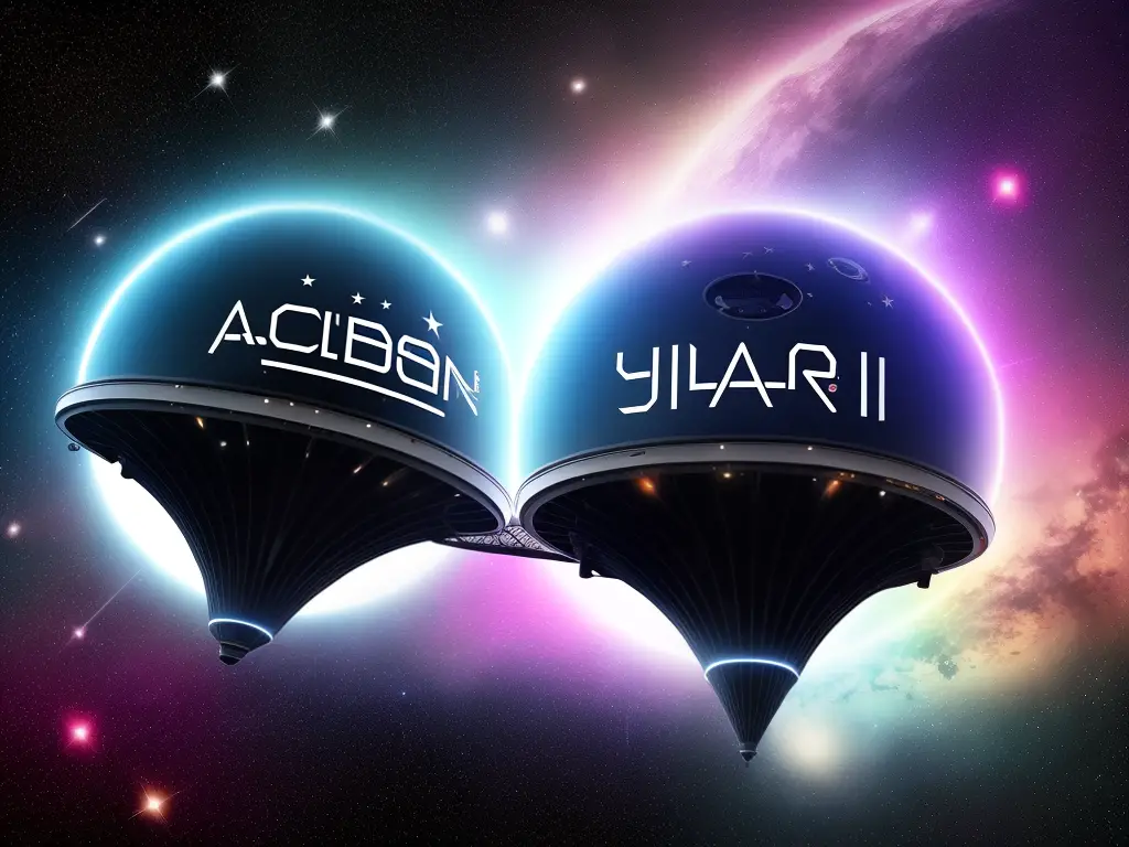 An image of an alien spaceship hovering in space with stars in the background, with the letters 'ABC' added to the bottom of the image in bold font.