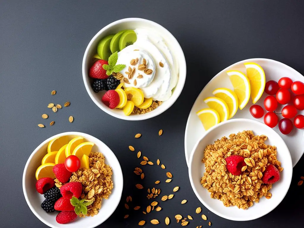 A bowl of Greek yogurt topped with fresh fruits and granola beside a bowl of cooked freekeh