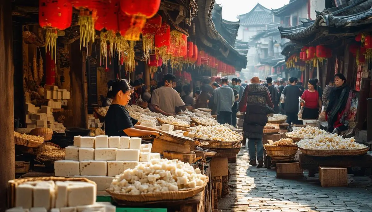 Busy ancient Chinese street market with tofu vendors