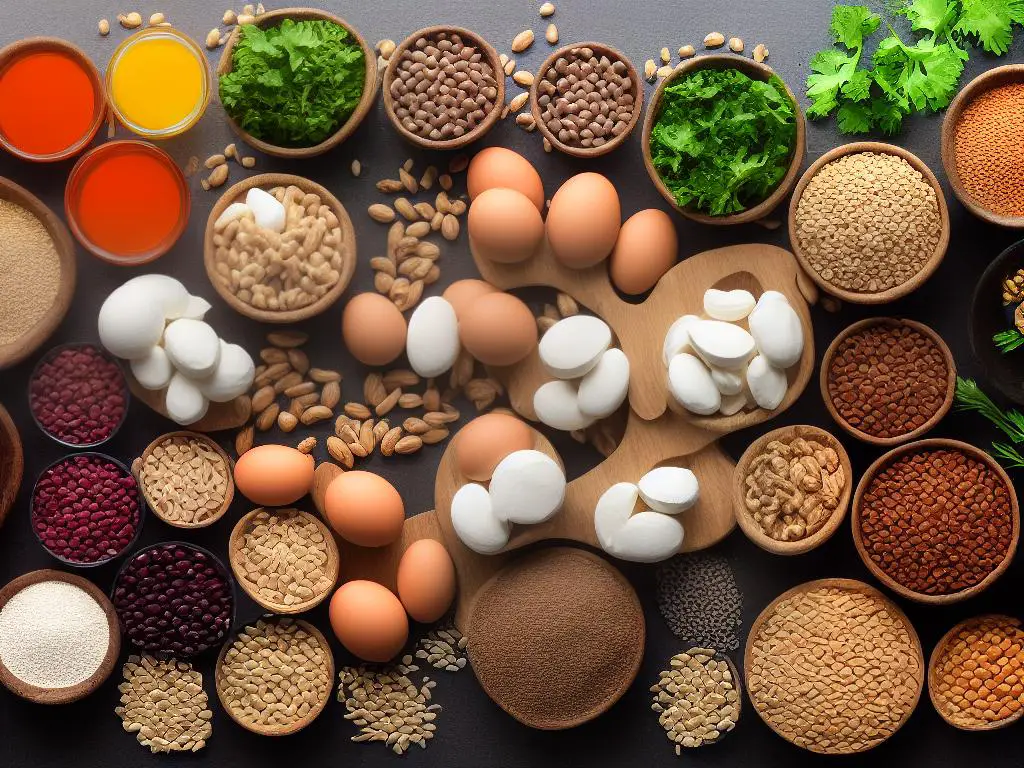 A side-by-side comparison of various animal and plant protein sources, including meat, eggs, tofu, beans, nuts, and grains, with an emphasis on the amounts of essential amino acids and nutrients they provide.