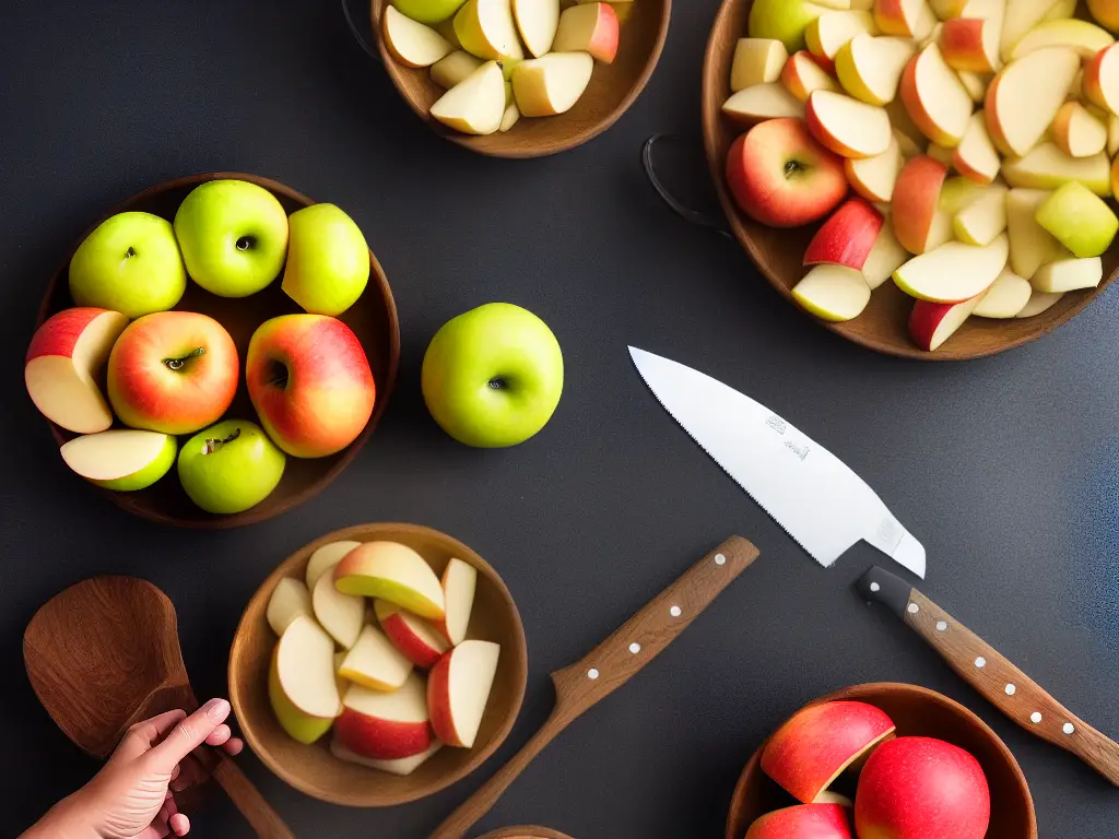 An image of a hand holding a partially peeled apple next to a bowl of sliced apples with a knife and a cutting board on the side.