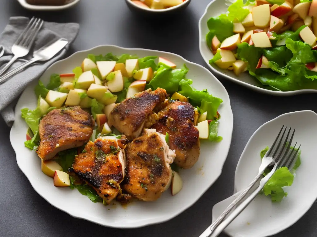 A picture of a plate of food with apple-stuffed chicken, apple salad, and apple chutney.