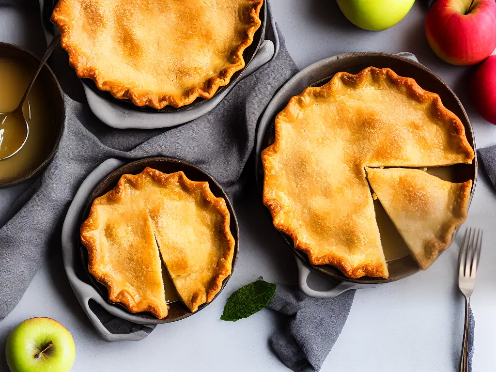 A dish filled with homemade apple pies, apple crisps, and apple sauce