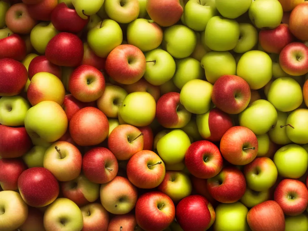 An image showing different types of apples such as Granny Smith, Red Delicious, Golden Delicious, Fuji, Honeycrisp, Gala, and McIntosh. The apples are arranged in a circular pattern, with each type labeled with its name. The image is in PNG format.