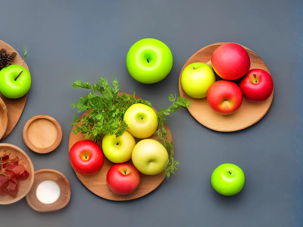 A PNG image showing canned apples with jars, bowls, and utensils on a wooden table for illustration.