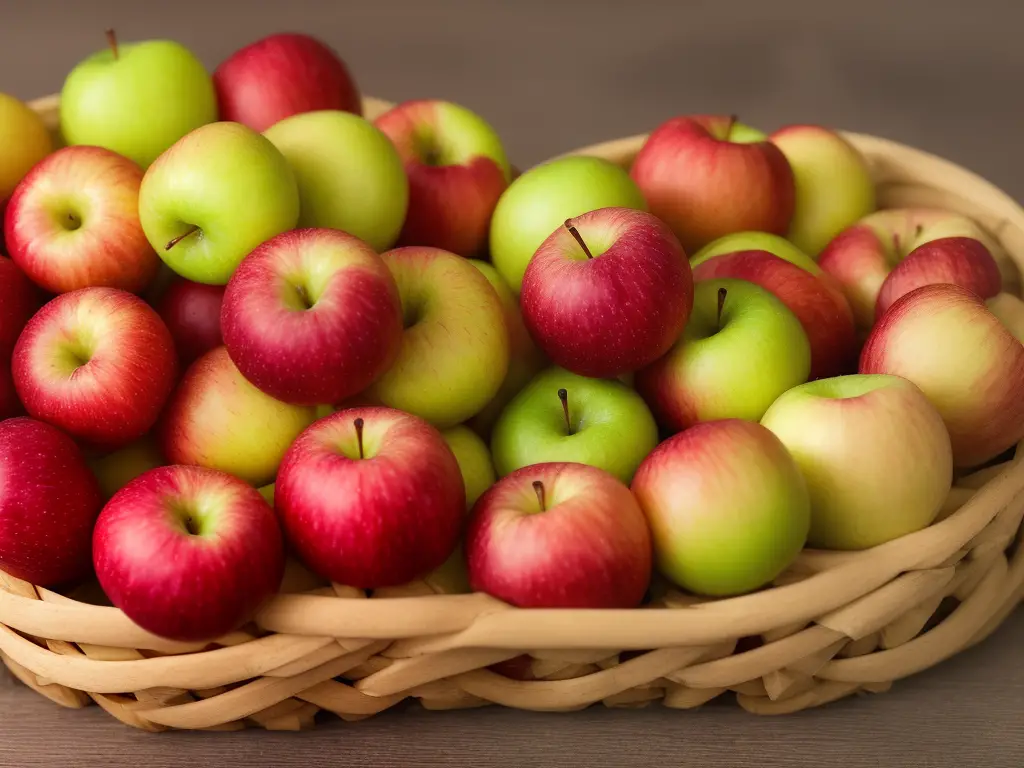 A mouth-watering display of apples in a variety of colors and shapes, along with other fresh fruits and baking ingredients, arranged in a rustic wooden basket. This image is ideal for showcasing the versatility and international appeal of apples in culinary applications. The filename for the image is 'apple-recipe-image-RND.png', where RND are three random letters as a PNG format.