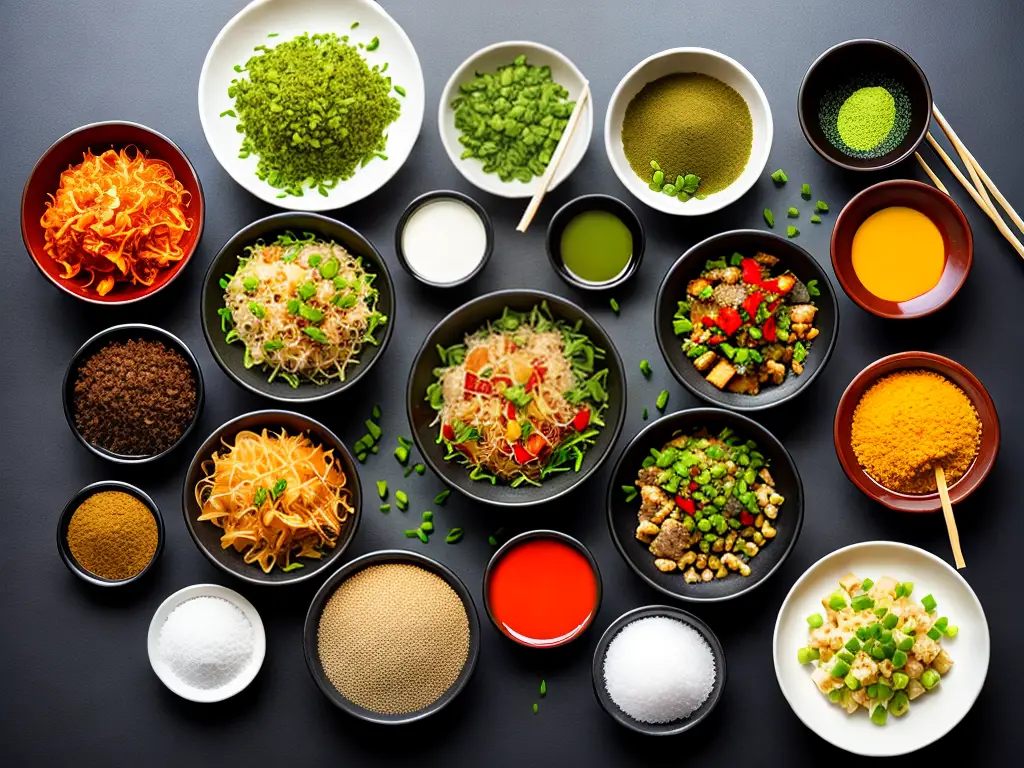 An overview of various Asian cuisine dishes and ingredients with bright colors and bold flavors.