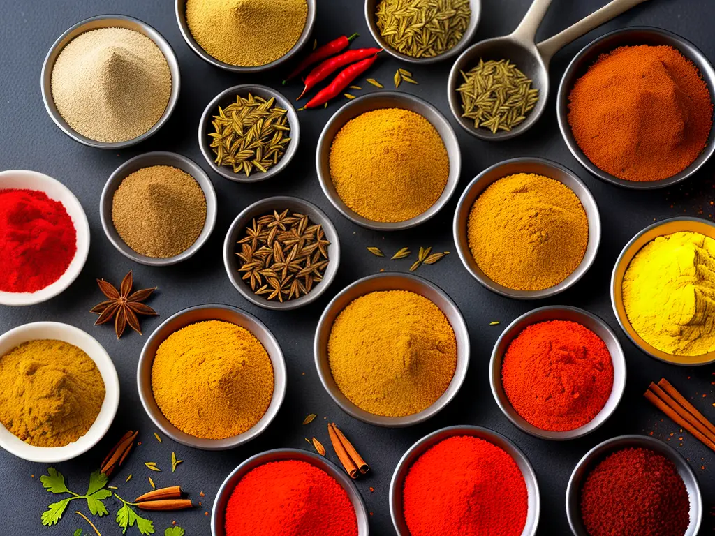 A close-up image of various spices including turmeric, cumin, and chili powder, commonly found in Asian cuisine.