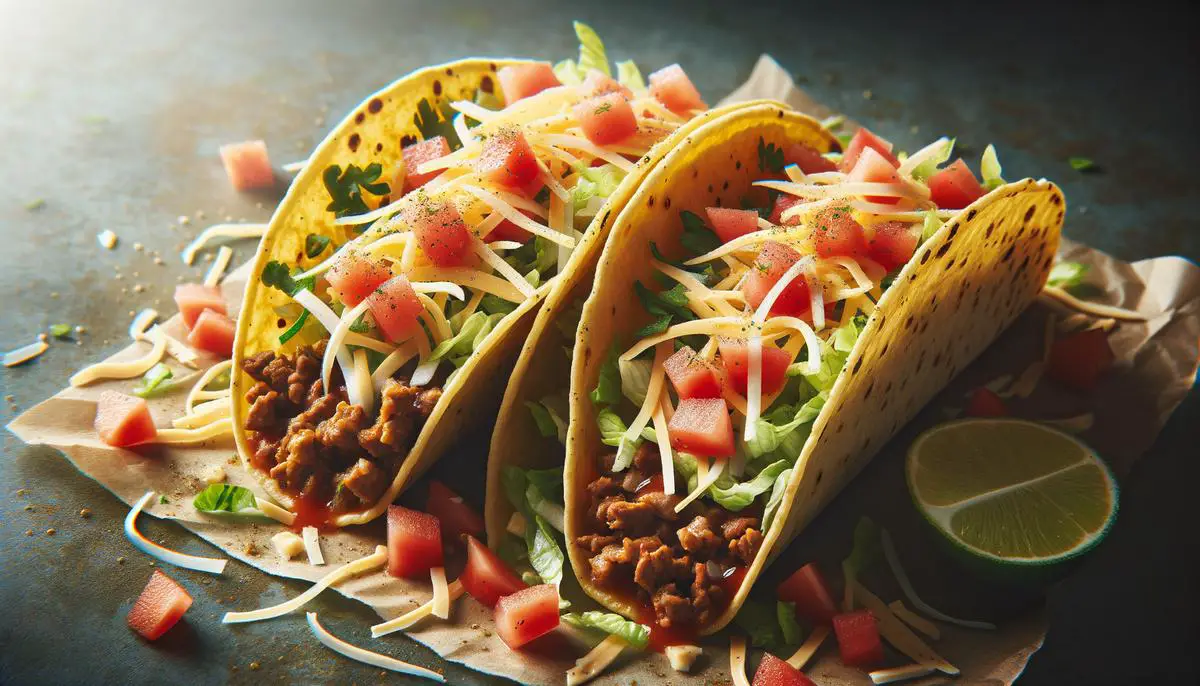 Beautifully assembled tacos with layers of meat, vegetables, cheese and sauce