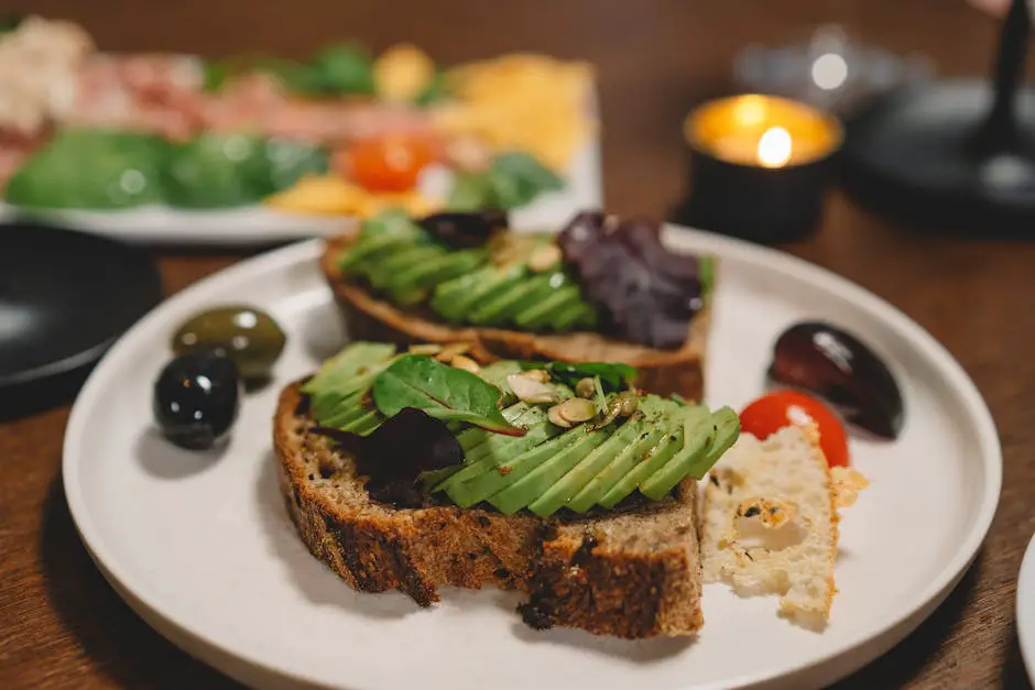 A delicious avocado toast topped with colorful vegetables and vegan feta, creating a vibrant and healthy breakfast or snack option.