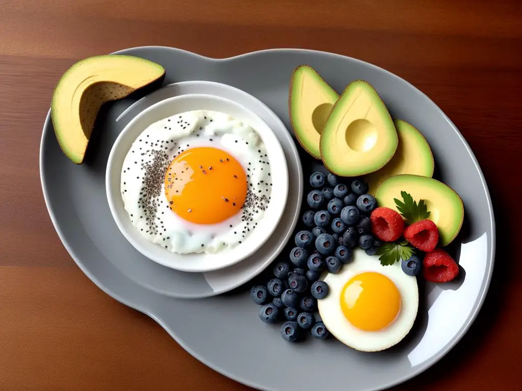 A plate with a balanced breakfast consisting of eggs, whole-grain bread, avocado, berries, and chia seeds