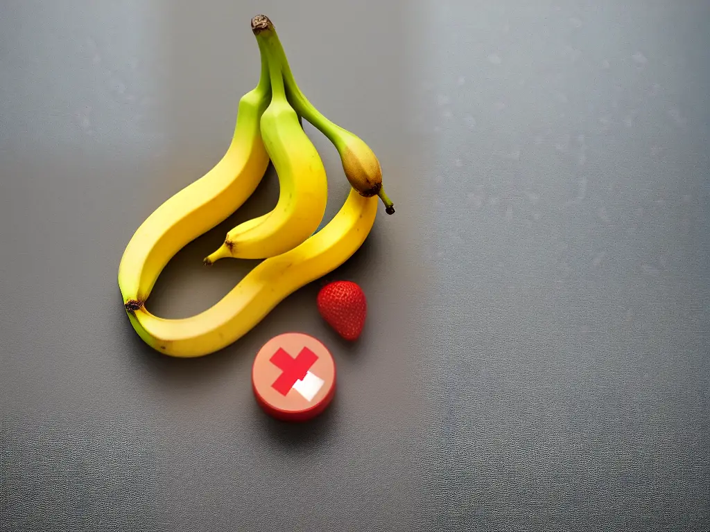 A banana with a red cross and the word 'allergy' written across it.