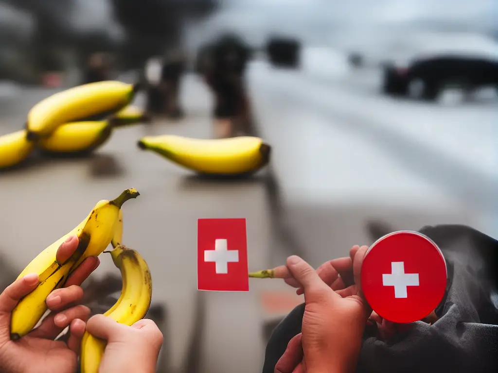 A drawing of a person holding a banana, with a red cross over the banana signifying a person with a banana allergy should not eat bananas.