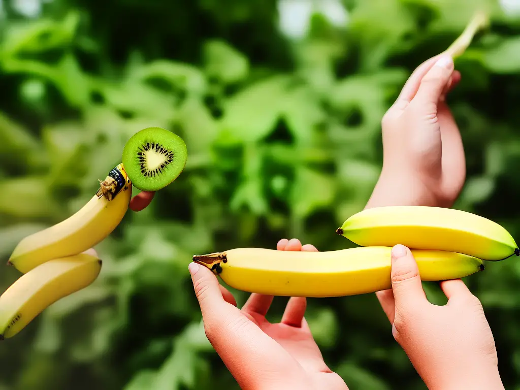 A person holding an EpiPen with bananas and kiwi in the background