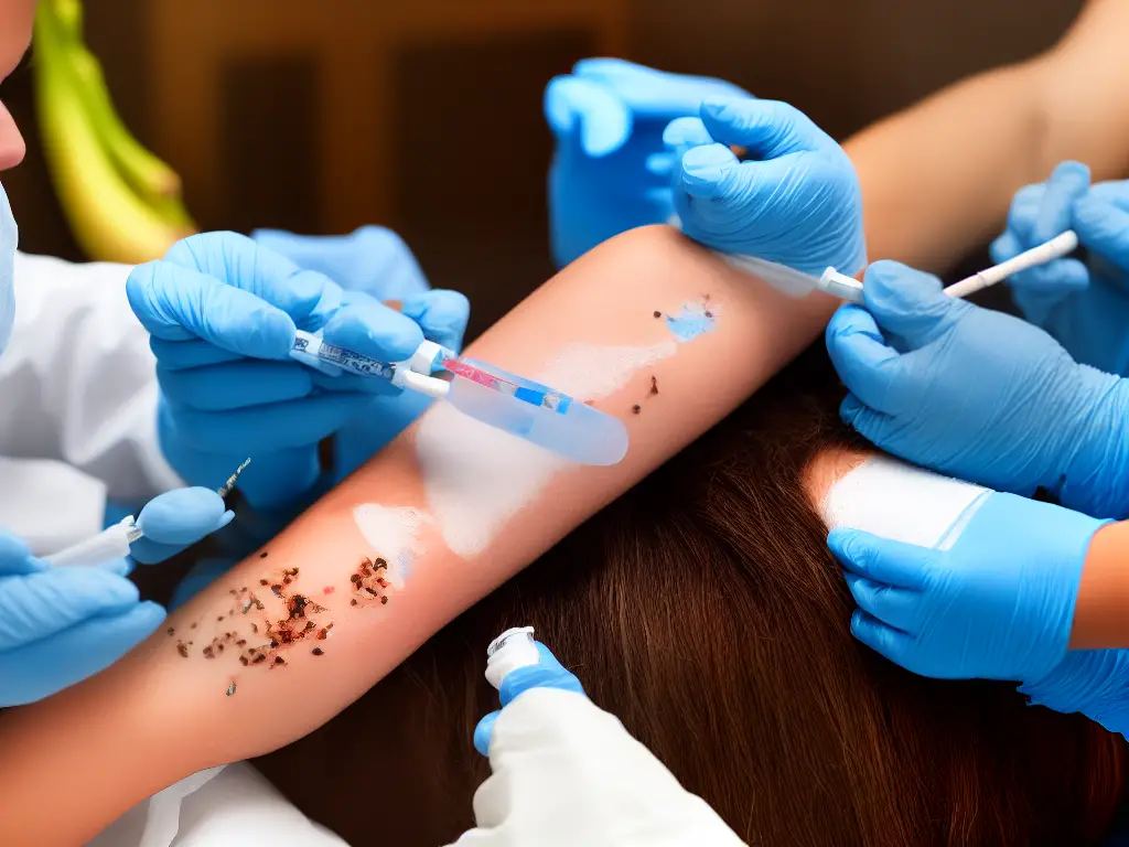 An image of a medical professional performing a skin-prick test on a patient's forearm to diagnose a banana allergy.