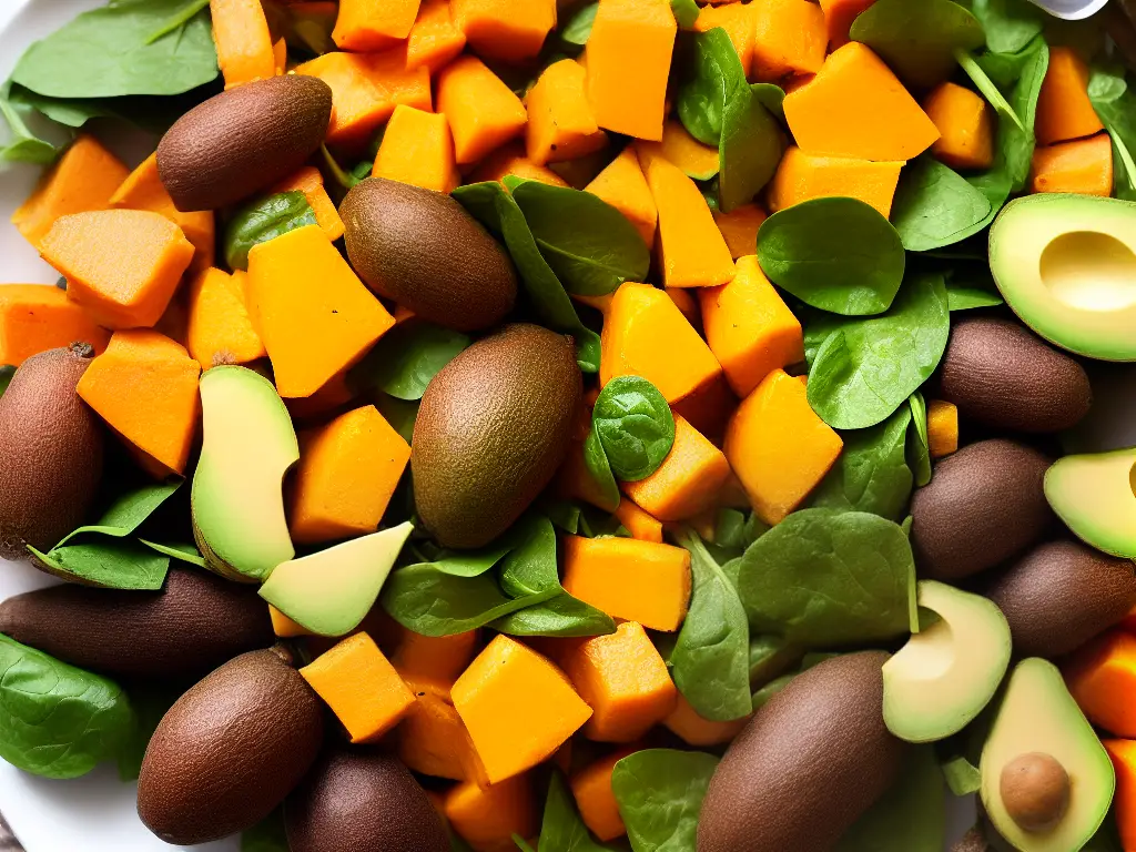 A plate filled with mangoes, avocados, spinach, sweet potatoes, and various types of beans