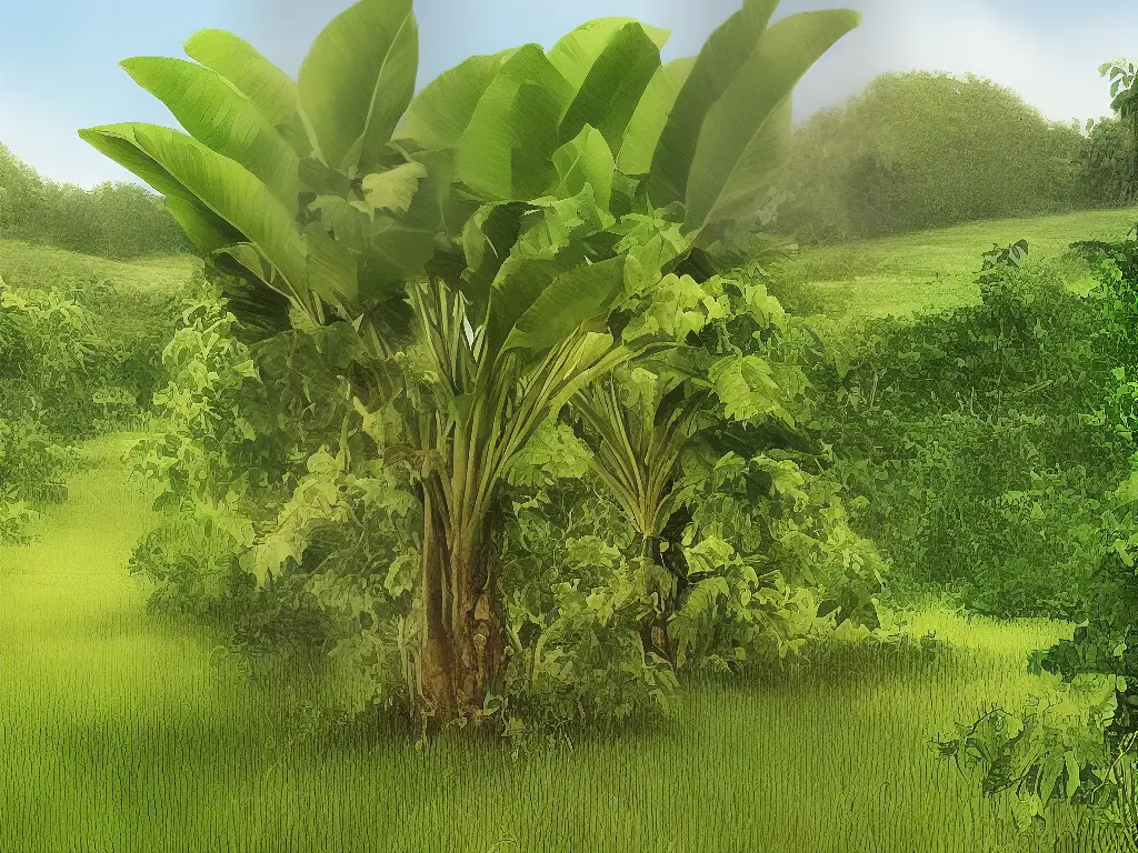 A drawing of a banana plant with roots extending throughout a diverse ecosystem of plants, trees, and animals, showcasing the beneficial impact of agroforestry on the environment.