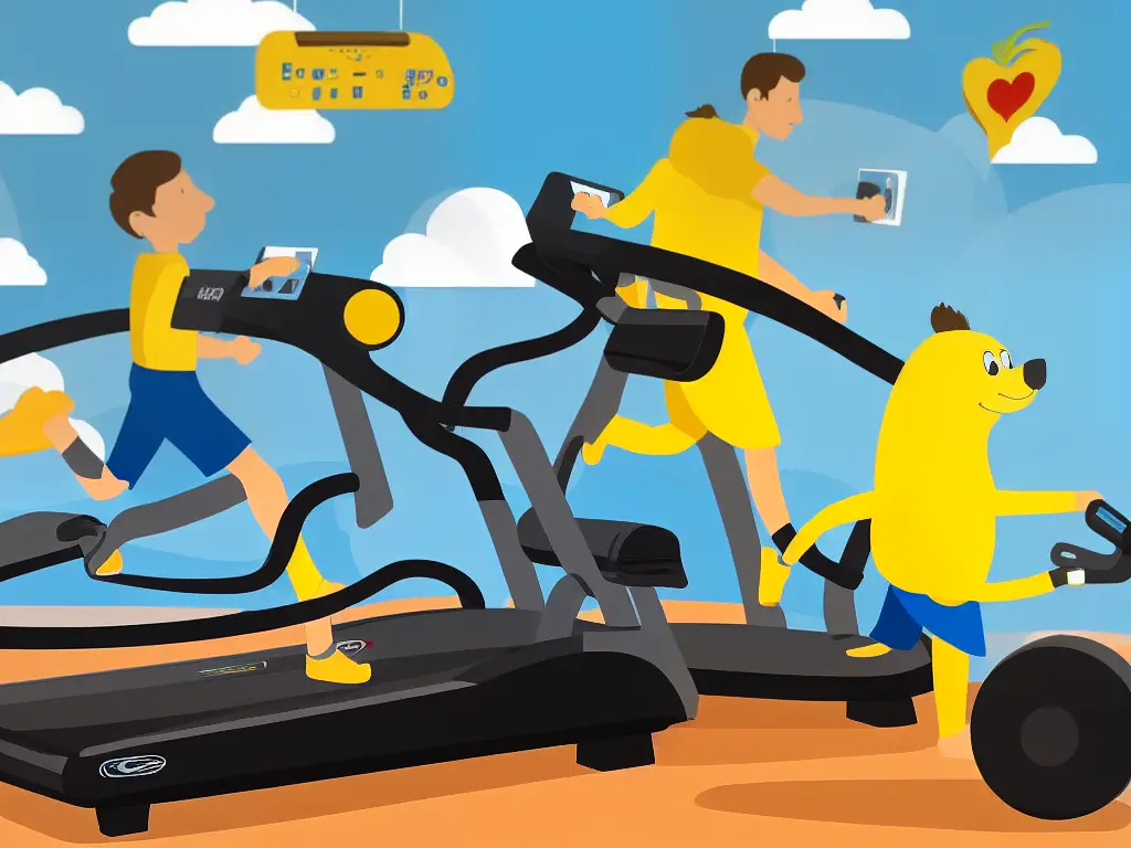 A cartoon illustration of a banana with various body parts like arms and legs, running on a treadmill with a heart rate monitor on it. The illustration emphasizes the health benefits of bananas regarding heart health and weight management.