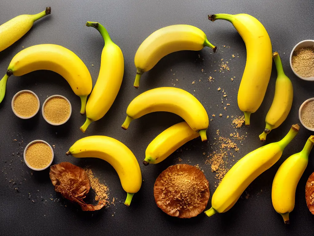 An image of a peeled banana with labels showing the five main stages of ripening, from green through yellow to brown spots and finally entirely brown skin