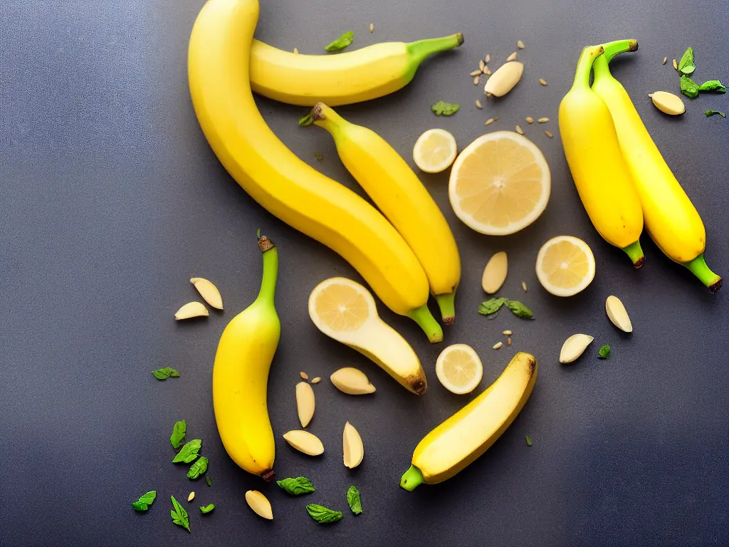 A yellow banana with the recommended daily intake percentage of vitamins and minerals listed.