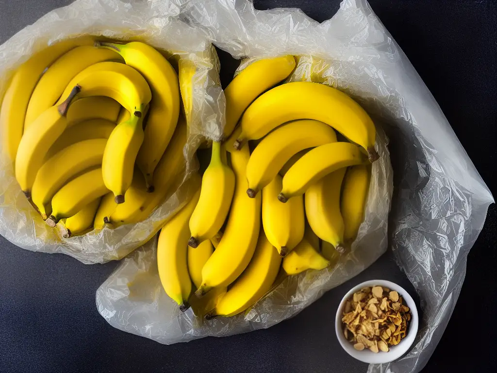 A photo showing a bunch of bright yellow bananas being stored in a perforated plastic bag at room temperature, along with a small bowl of dehydrated banana chips