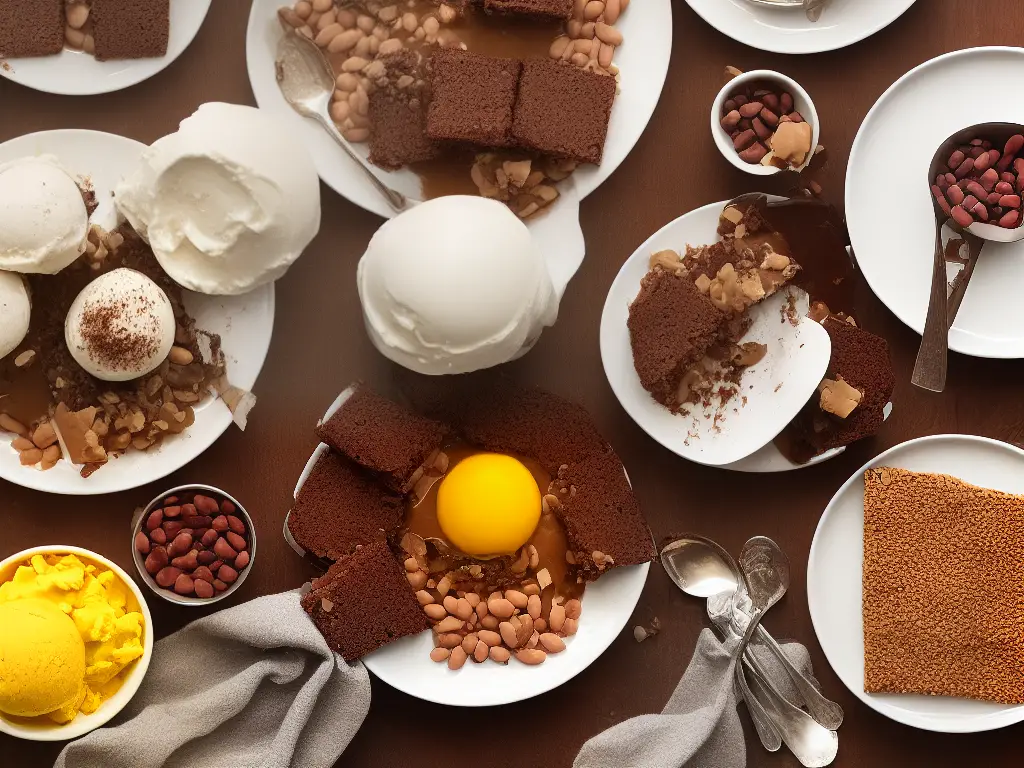 Image of a plate with a variety of bean-based desserts including brownies, ice cream, cookies, bars, and mousse.