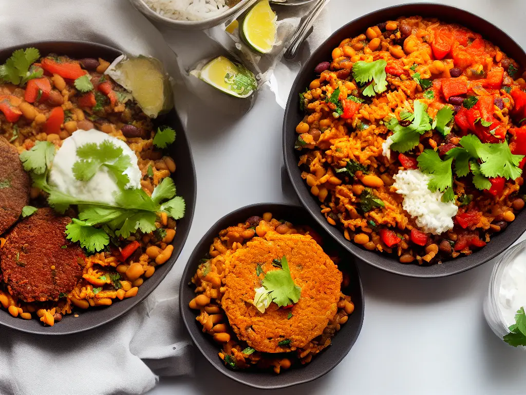 A plate with a variety of bean-based main dishes including a bean burger, rice and beans, bean casserole, bean enchiladas, and chana masala.