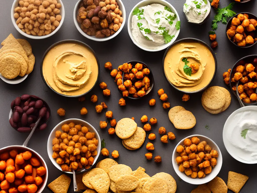 A picture of a variety of bean-based snacks including hummus with crackers, roasted chickpeas, and bean-stuffed mushrooms.