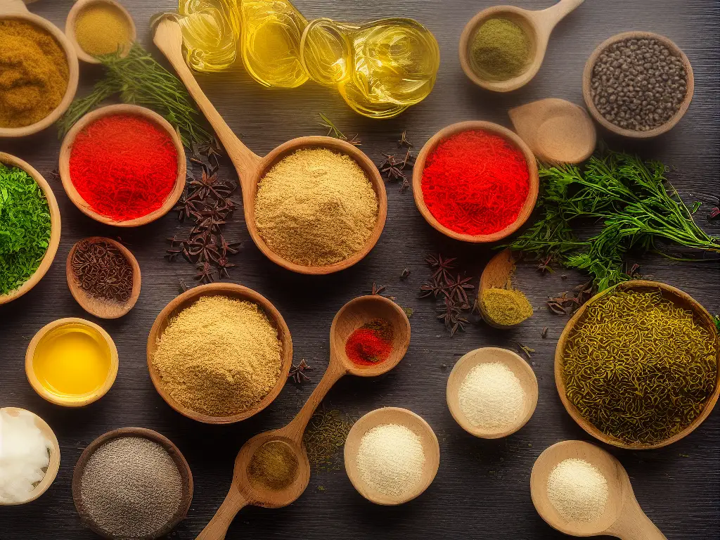 A picture of various beans and herbs arranged on a wooden table with bowls of spices and condiments in the background