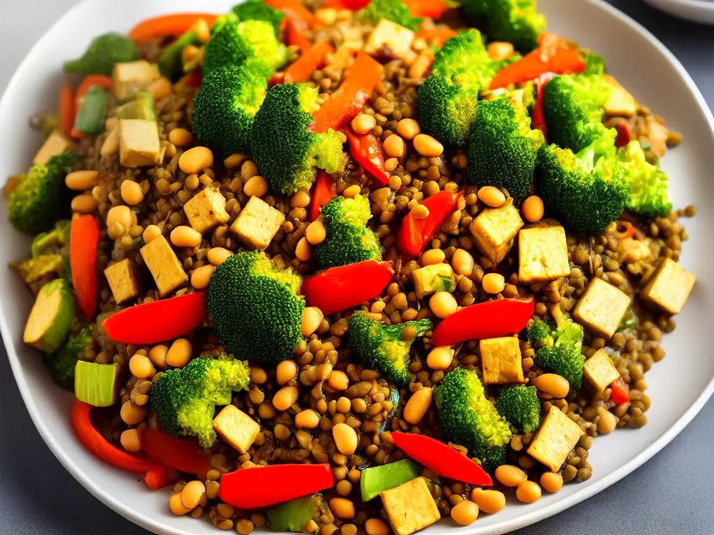 A plate of vegan stir-fry with different types of bean-based proteins such as tofu, tempeh, and lentils