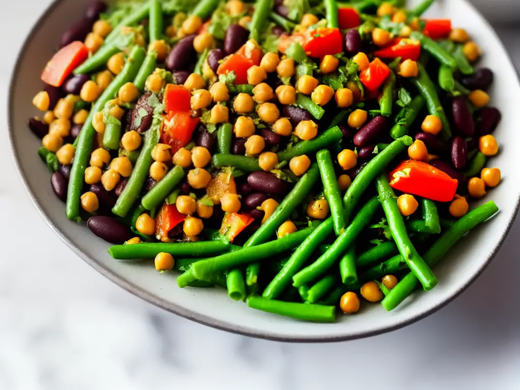 A colorful bowl of vegan three-bean salad with green beans, chickpeas, and kidney beans mixed with chopped veggies and a tangy vinaigrette dressing.