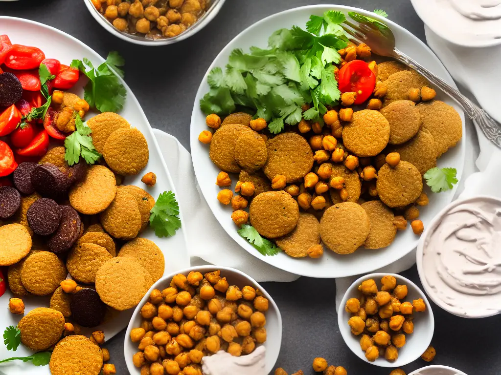 A plate of vegan snacks and appetizers made with beans, including hummus, bean dip, bean fritters, and spiced roasted chickpeas. Each type of snack is on its own white plate with colorful fruits and vegetables surrounding the plate.