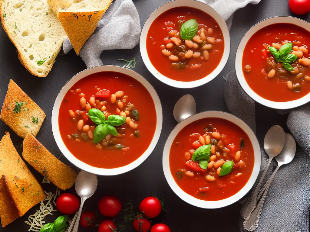 A bowl of tomato-based bean soup with different vegetables, pasta and beans