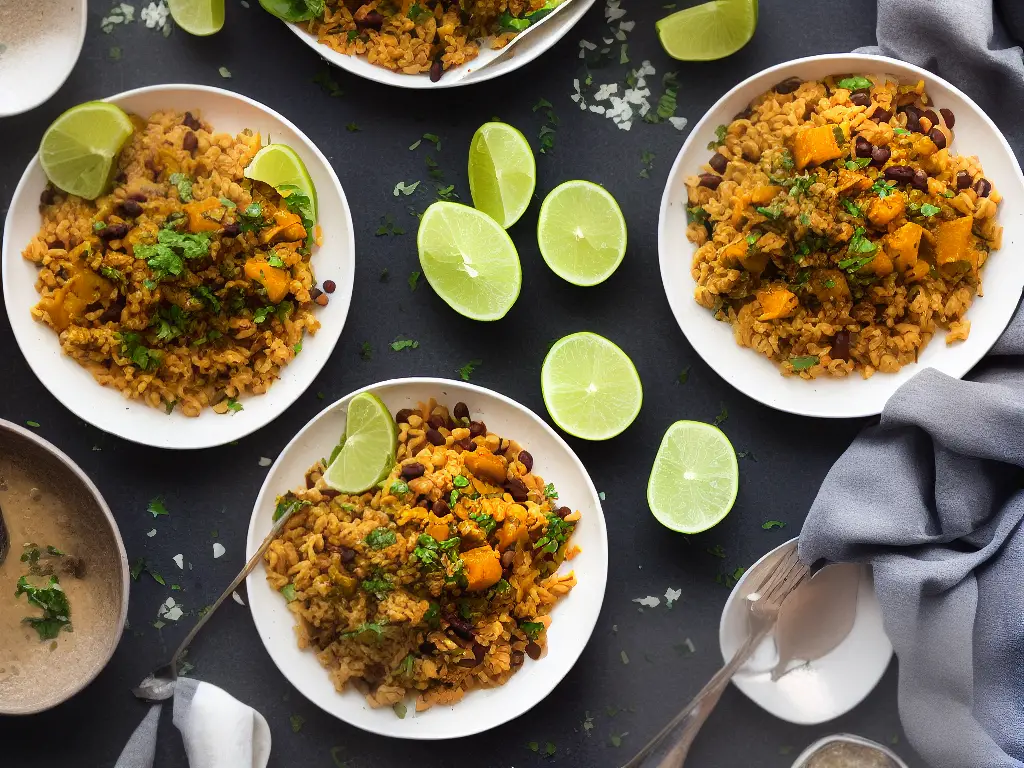 A plate with a variety of vegan dishes made with beans and legumes along with a glass of water.