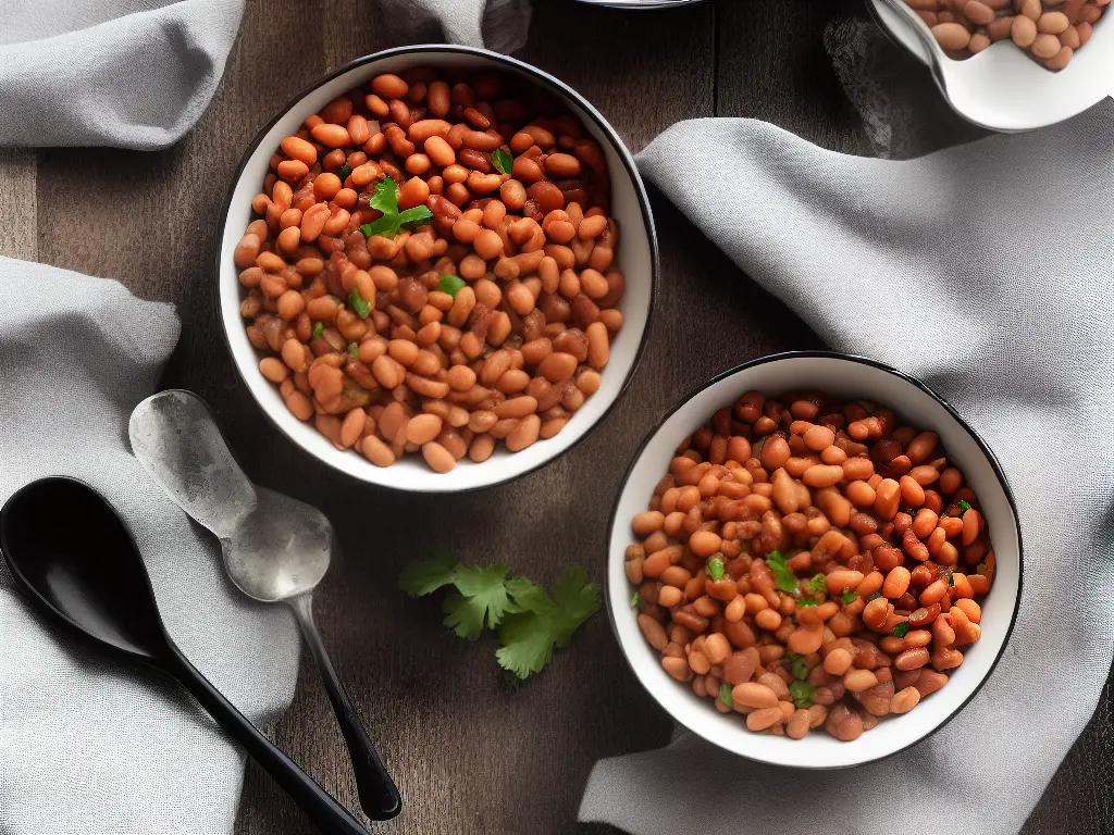 A bowl of mixed beans - pinto, black, red, and white, with a wooden spoon lying on the side