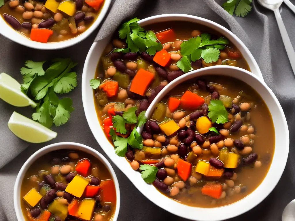 A bowl of vegan bean soup with lentils, kidney beans, and black beans topped with colorful vegetables and spices.