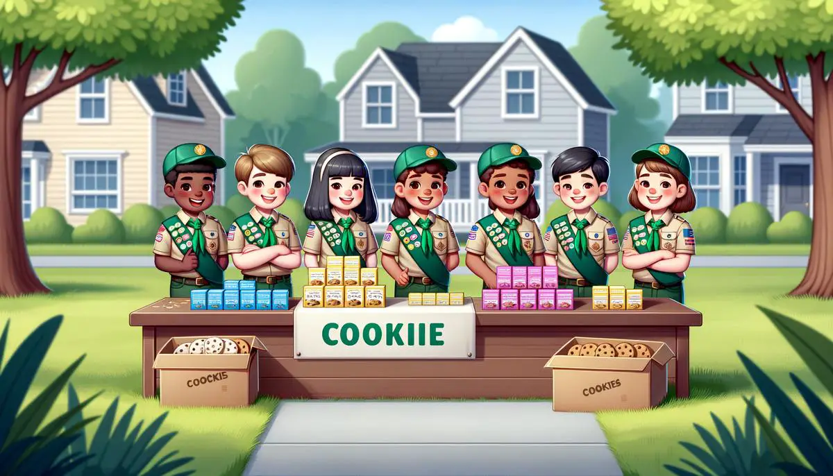 A group of smiling scouts in uniform selling cookies at a booth in a neighborhood