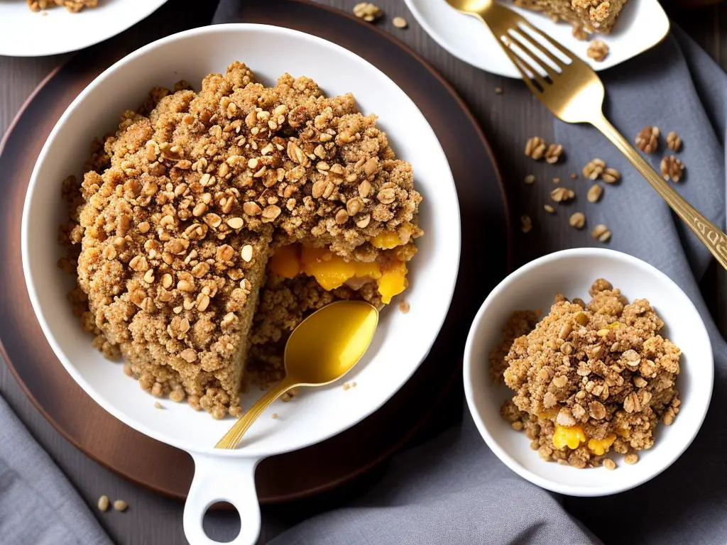 Image of a breakfast pear crisp, a healthy vegetarian breakfast option, topped with a golden oat and walnut crumble.